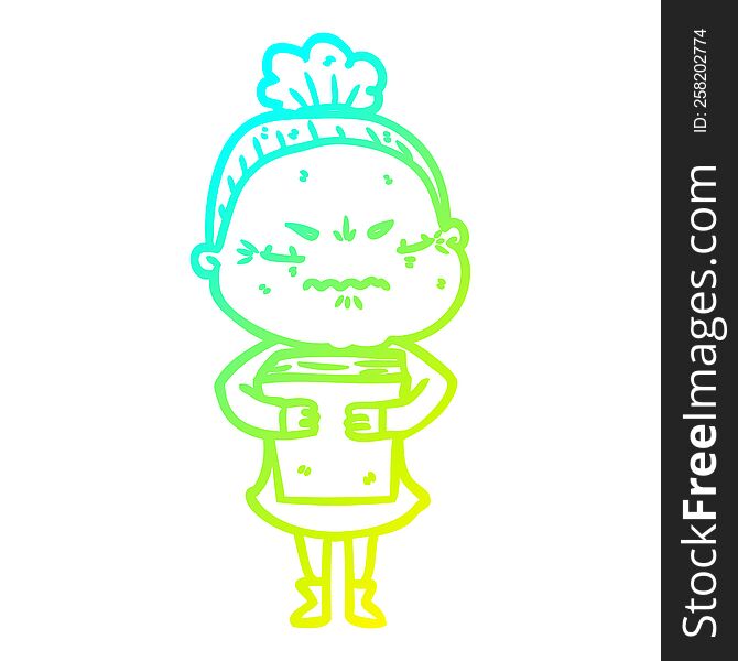 cold gradient line drawing of a cartoon annoyed old lady