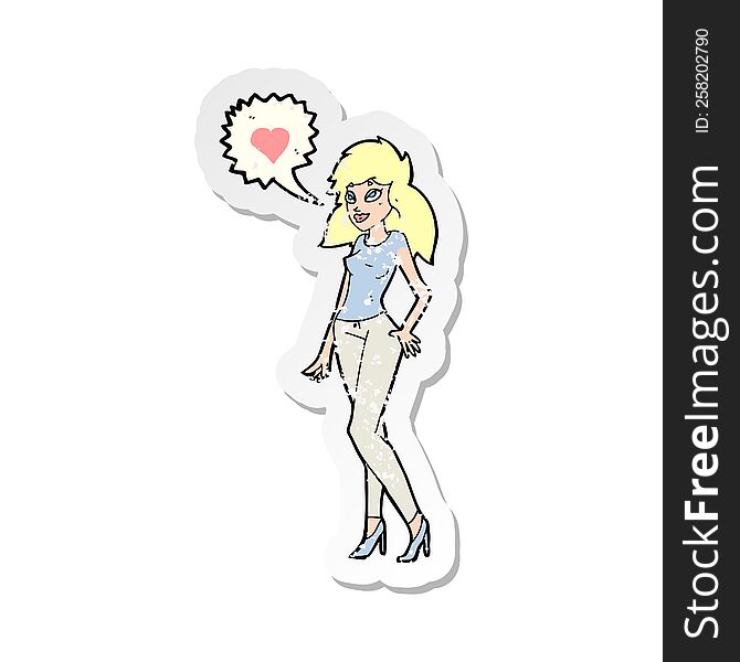 retro distressed sticker of a cartoon woman with love heart