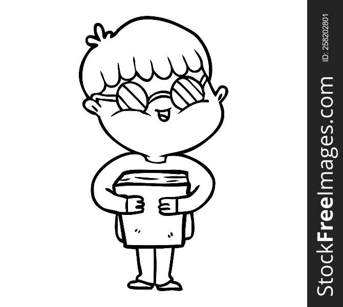 cartoon boy wearing spectacles carrying book. cartoon boy wearing spectacles carrying book