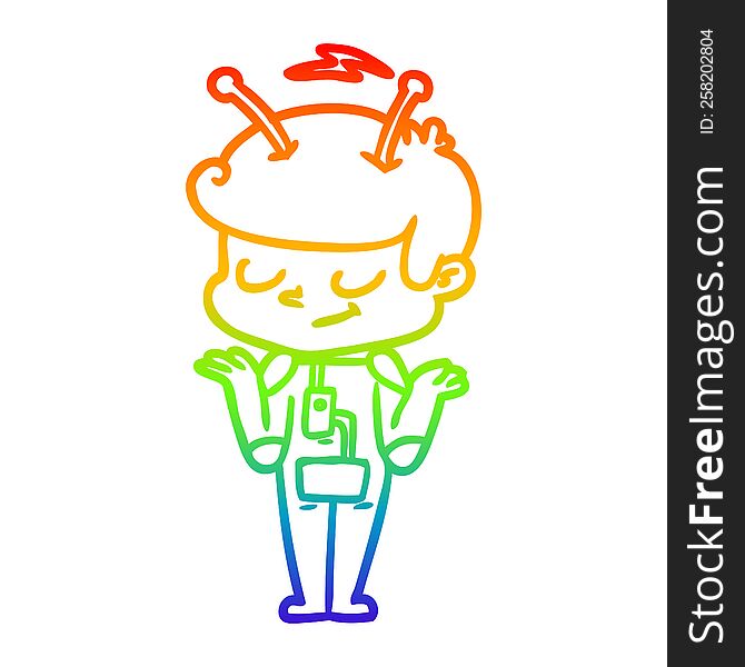 Rainbow Gradient Line Drawing Friendly Cartoon Spaceman Shrugging