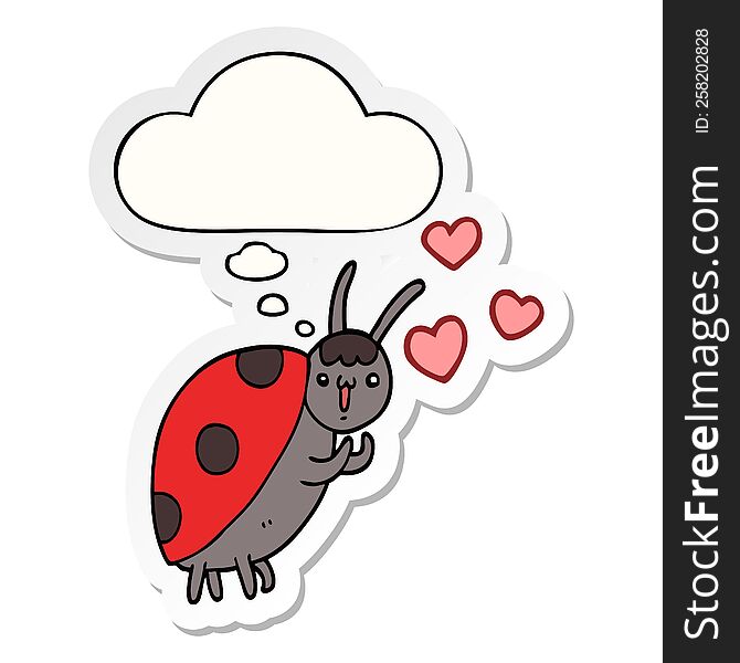 cute cartoon ladybug in love with thought bubble as a printed sticker