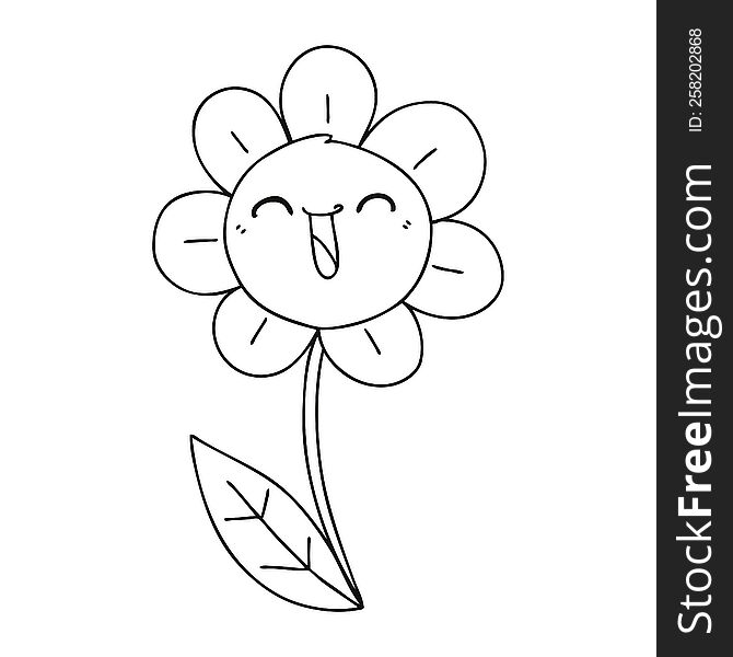 Quirky Line Drawing Cartoon Happy Flower