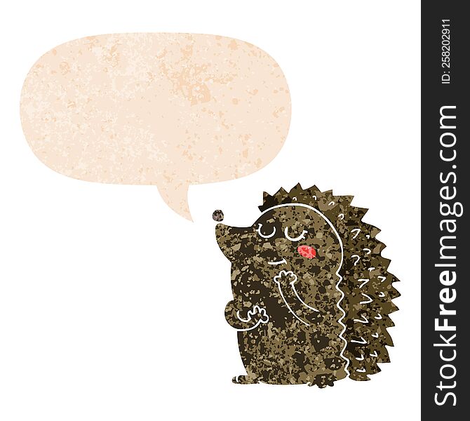 Cute Cartoon Hedgehog And Speech Bubble In Retro Textured Style