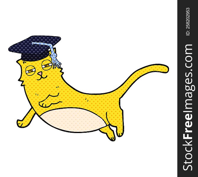 freehand drawn comic book style cartoon cat with graduate cap