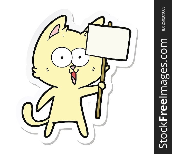 Sticker Of A Funny Cartoon Cat With Sign