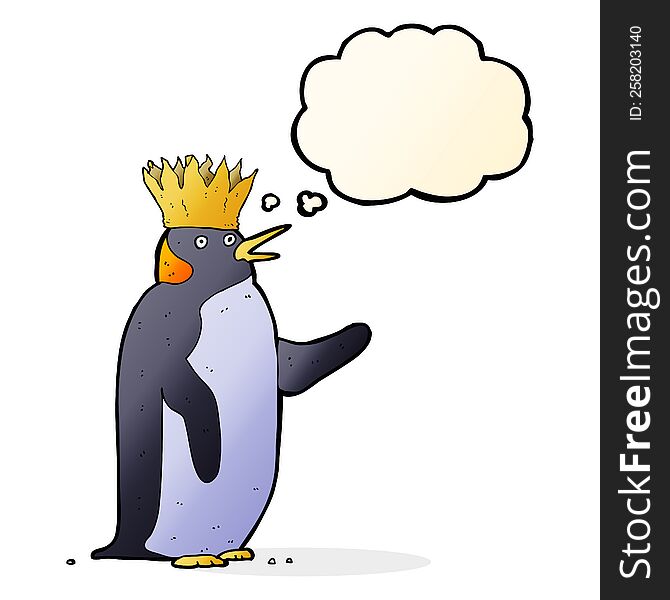 cartoon emperor penguin waving with thought bubble