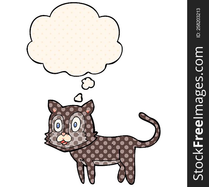 happy cartoon cat with thought bubble in comic book style