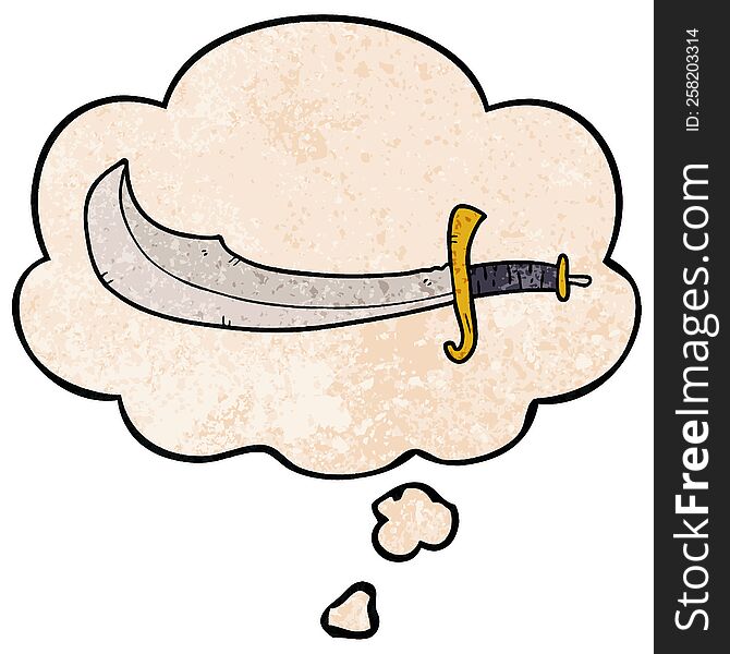 cartoon scimitar with thought bubble in grunge texture style. cartoon scimitar with thought bubble in grunge texture style