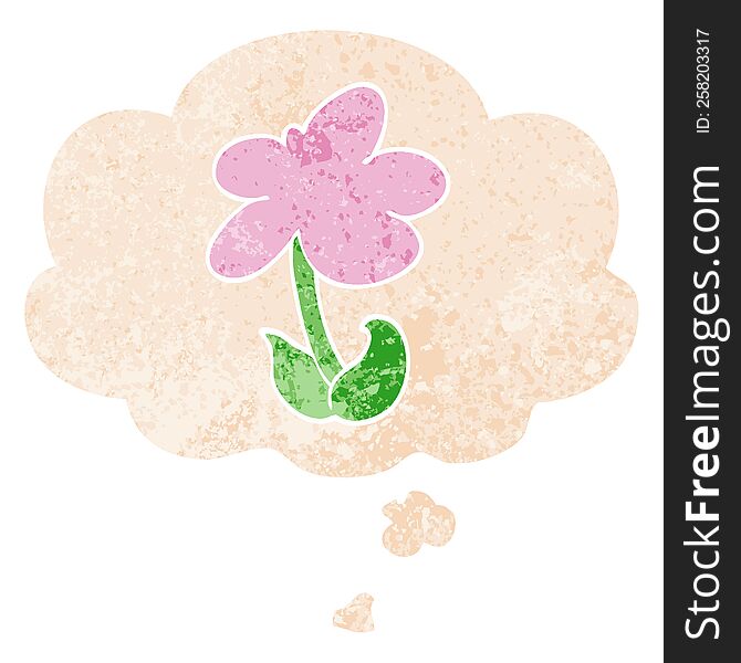 Cute Cartoon Flower And Thought Bubble In Retro Textured Style