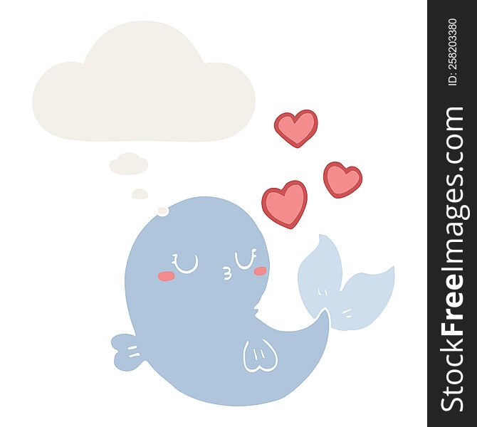 Cute Cartoon Whale In Love And Thought Bubble In Retro Style