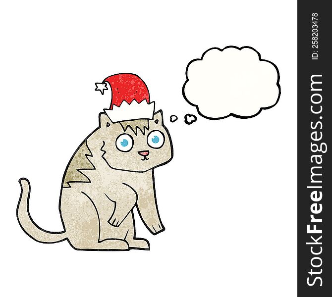 freehand drawn thought bubble textured cartoon cat wearing christmas hat