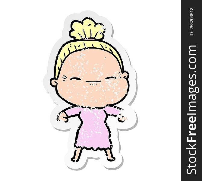 Distressed Sticker Of A Cartoon Peaceful Old Woman