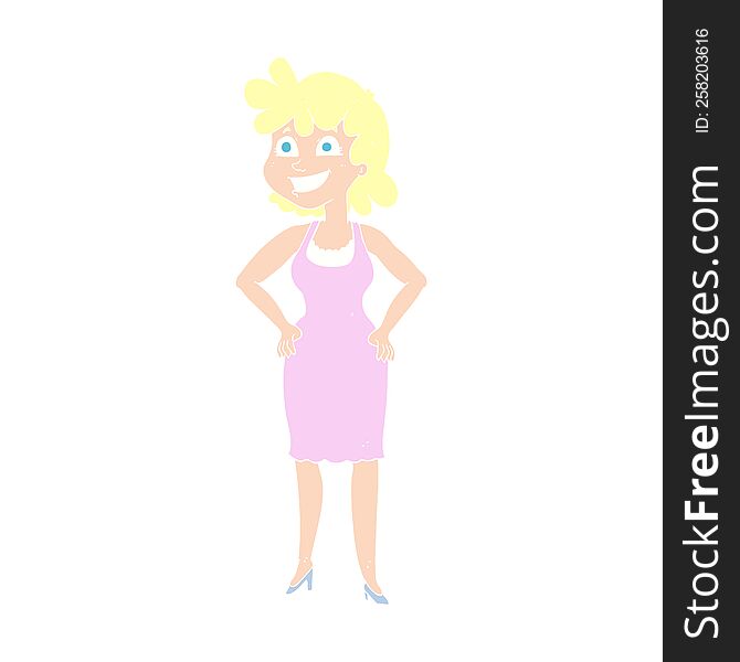 Flat Color Illustration Of A Cartoon Happy Woman Wearing Dress