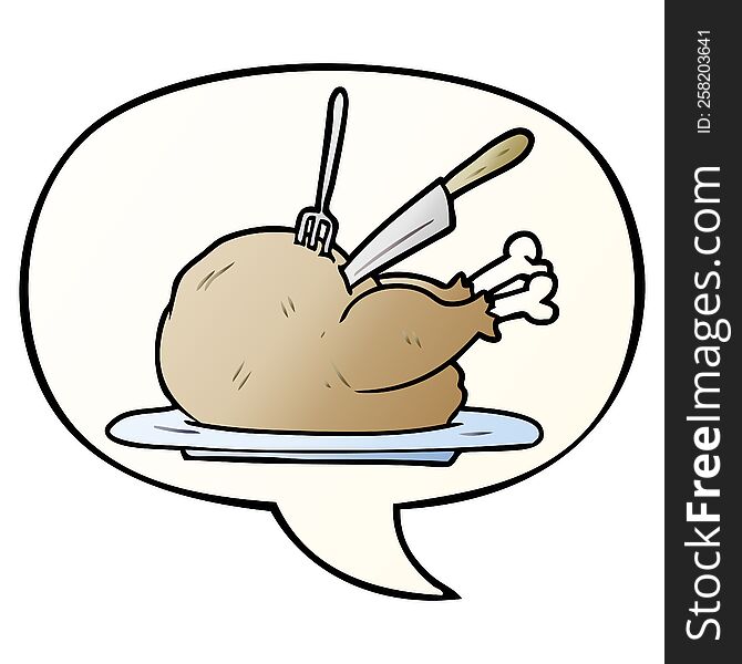 Cartoon Cooked Turkey Being Carved And Speech Bubble In Smooth Gradient Style