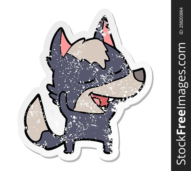 distressed sticker of a cartoon wolf laughing