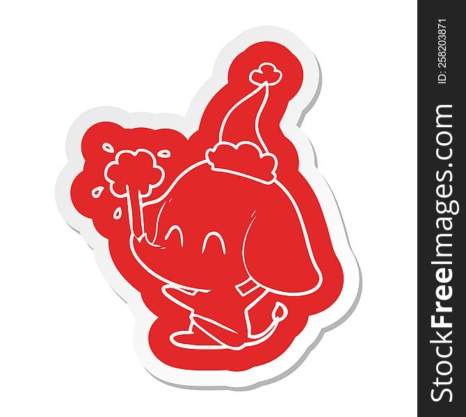 cute quirky cartoon  sticker of a elephant spouting water wearing santa hat