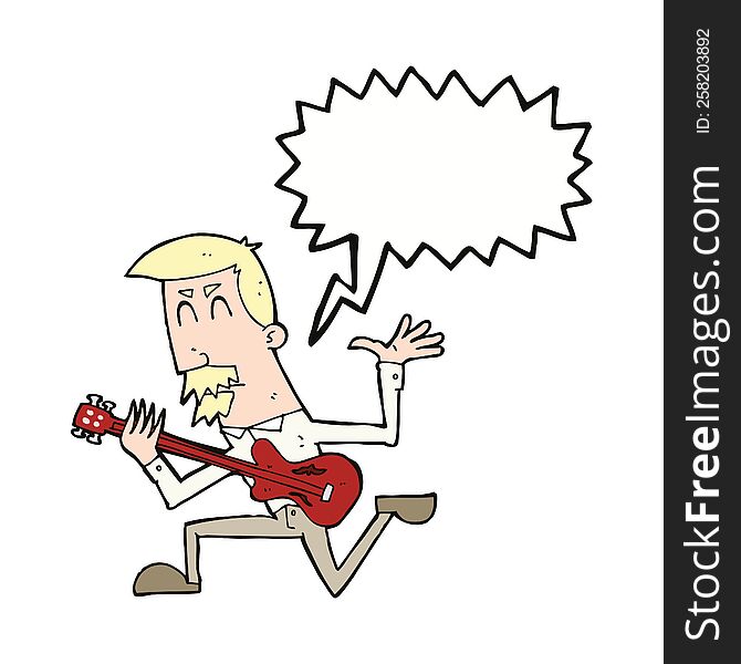 cartoon man playing electric guitar with speech bubble