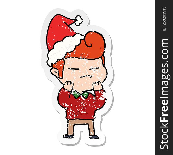 distressed sticker cartoon of a cool guy with fashion hair cut wearing santa hat