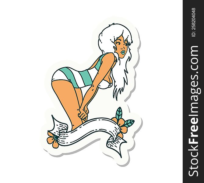 Tattoo Sticker Of A Pinup Girl In Swimming Costume With Banner