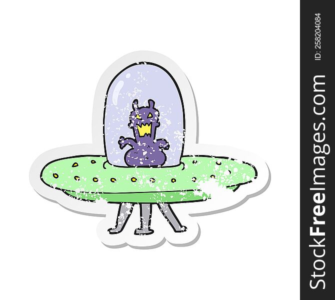 retro distressed sticker of a cartoon alien in flying saucer