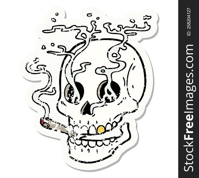 Traditional Distressed Sticker Tattoo Of A Skull Smoking
