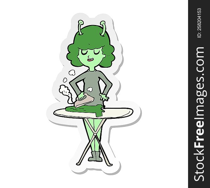 sticker of a cartoon alien woman ironing