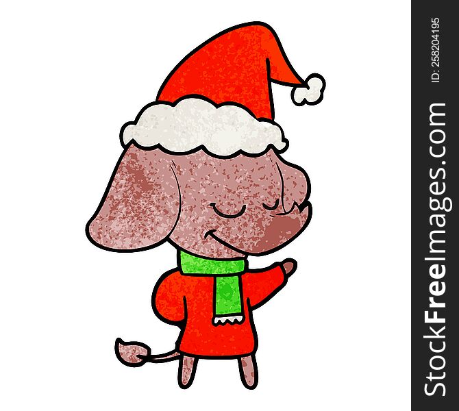 hand drawn textured cartoon of a smiling elephant wearing scarf wearing santa hat