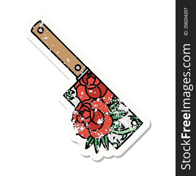 Traditional Distressed Sticker Tattoo Of A Cleaver And Flowers