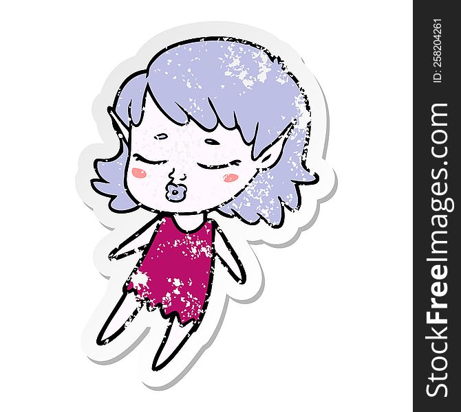 distressed sticker of a pretty cartoon elf girl flying