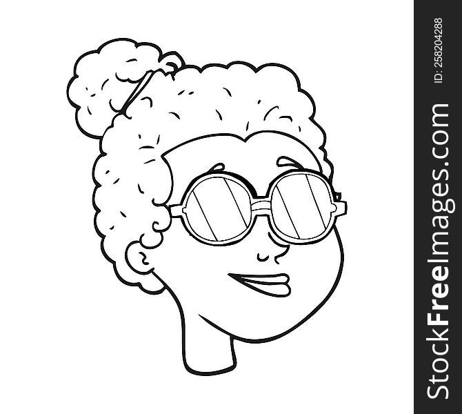 freehand drawn black and white cartoon woman wearing glasses. freehand drawn black and white cartoon woman wearing glasses
