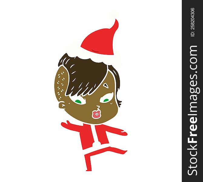 hand drawn flat color illustration of a surprised girl in science fiction clothes wearing santa hat
