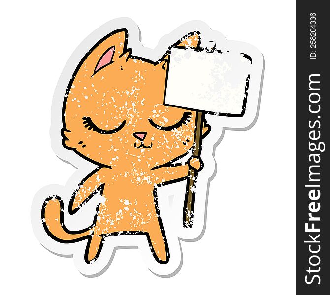Distressed Sticker Of A Calm Cartoon Cat With Placard