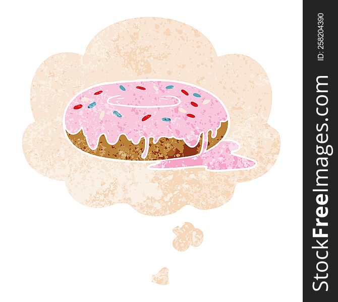 Cartoon Donut And Thought Bubble In Retro Textured Style