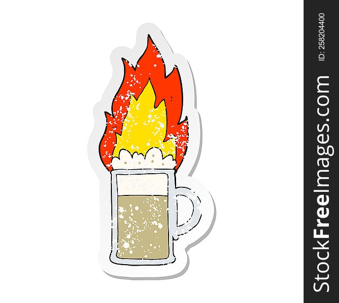 retro distressed sticker of a cartoon flaming tankard of beer