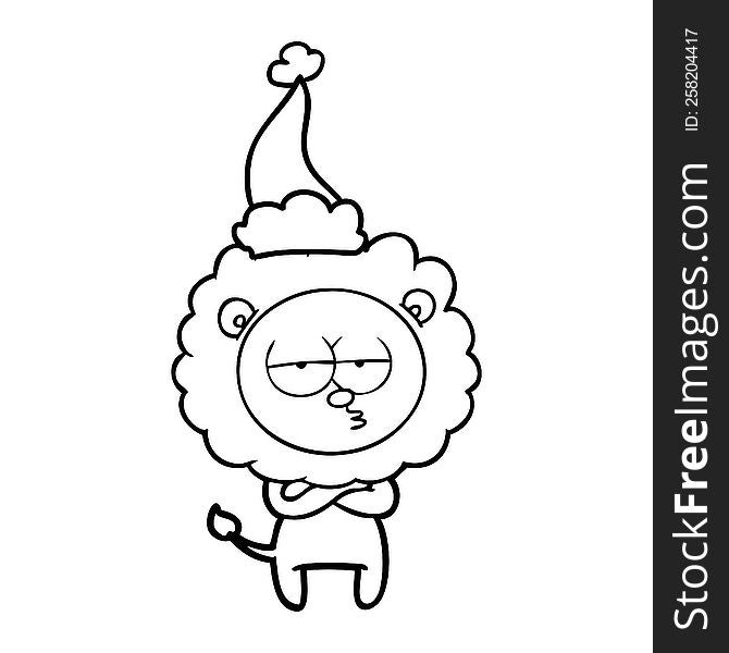 hand drawn line drawing of a tired lion wearing santa hat