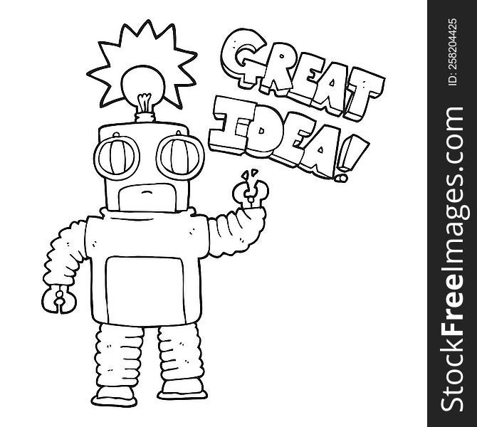 freehand drawn black and white cartoon robot with great idea