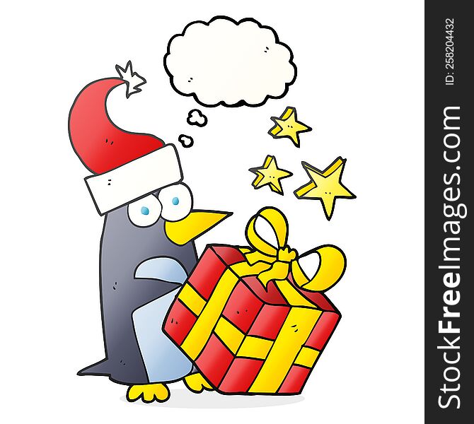 Thought Bubble Cartoon Christmas Penguin With Present