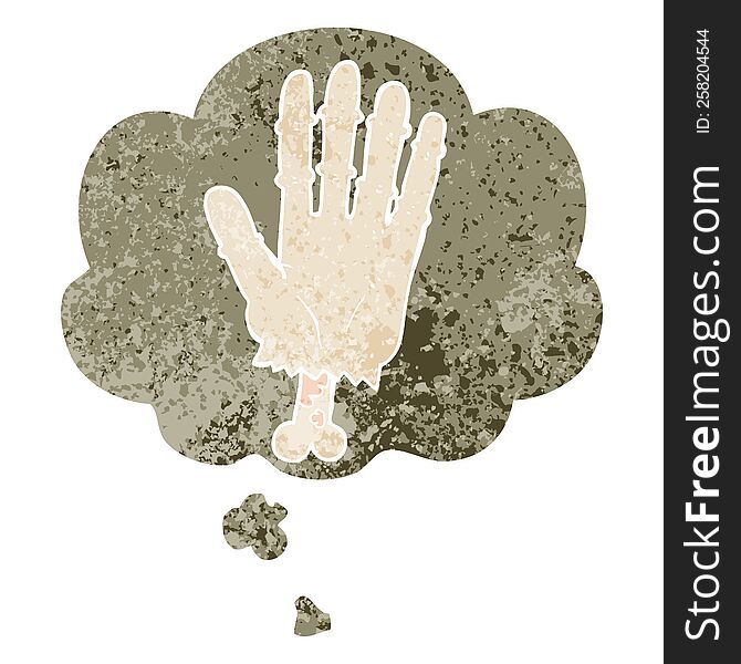 Cartoon Zombie Hand And Thought Bubble In Retro Textured Style