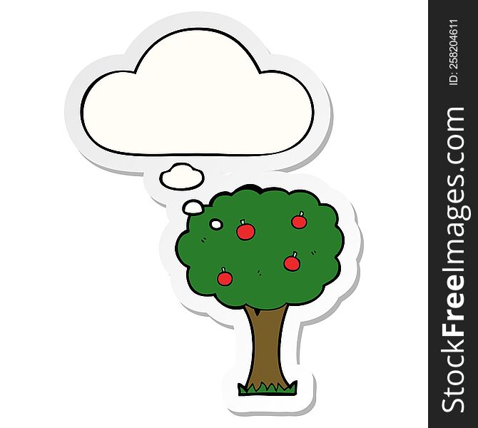 cartoon apple tree with thought bubble as a printed sticker