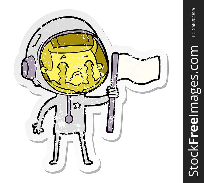 distressed sticker of a cartoon crying astronaut