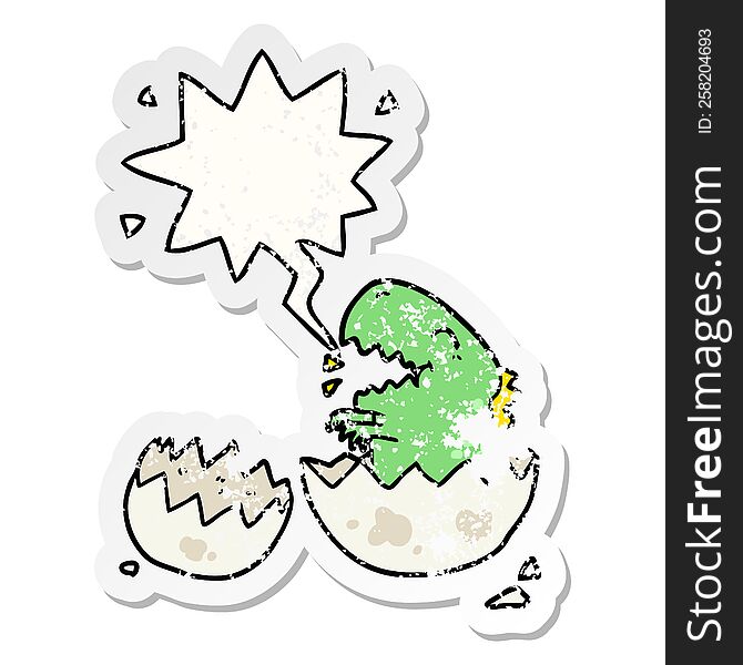 cartoon dinosaur hatching from egg with speech bubble distressed distressed old sticker. cartoon dinosaur hatching from egg with speech bubble distressed distressed old sticker