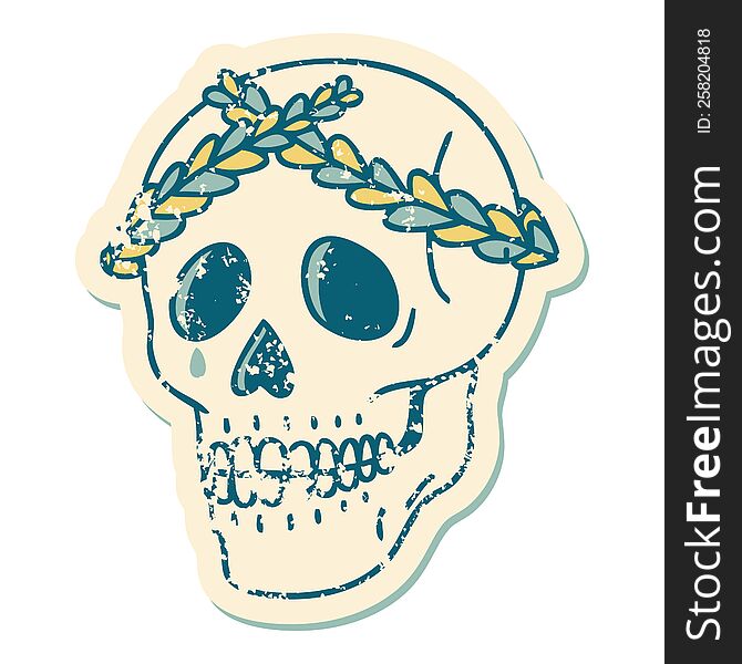 Distressed Sticker Tattoo Style Icon Of A Skull With Laurel Wreath Crown
