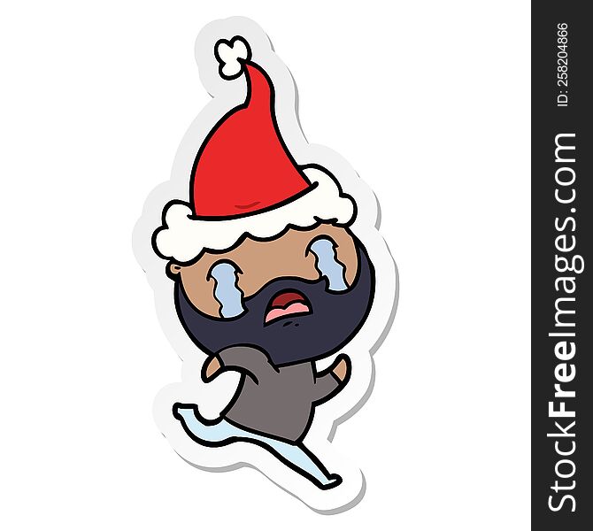 Sticker Cartoon Of A Bearded Man Crying Wearing Santa Hat