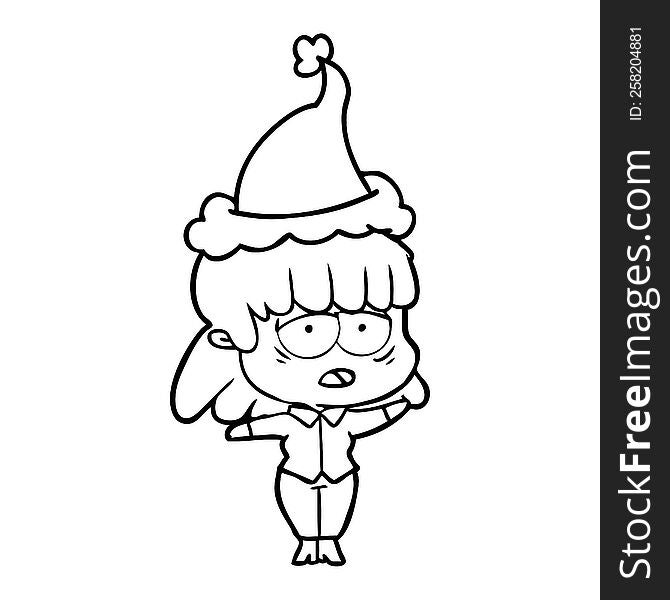 Line Drawing Of A Tired Woman Wearing Santa Hat
