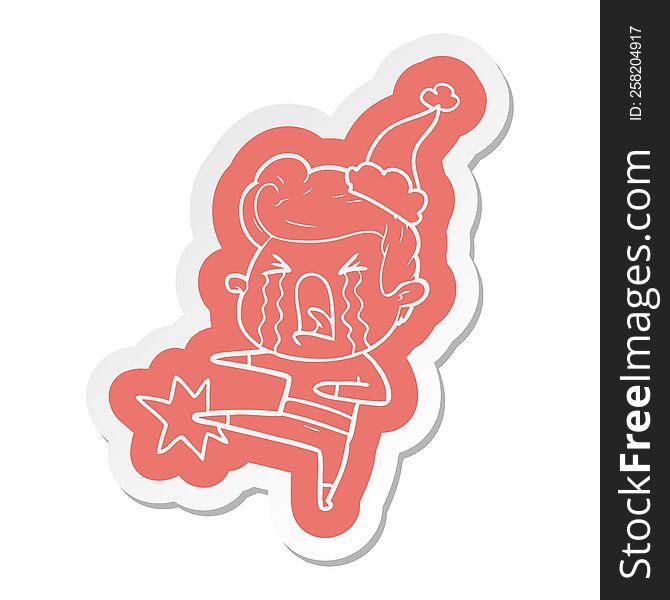 quirky cartoon  sticker of a crying man wearing santa hat
