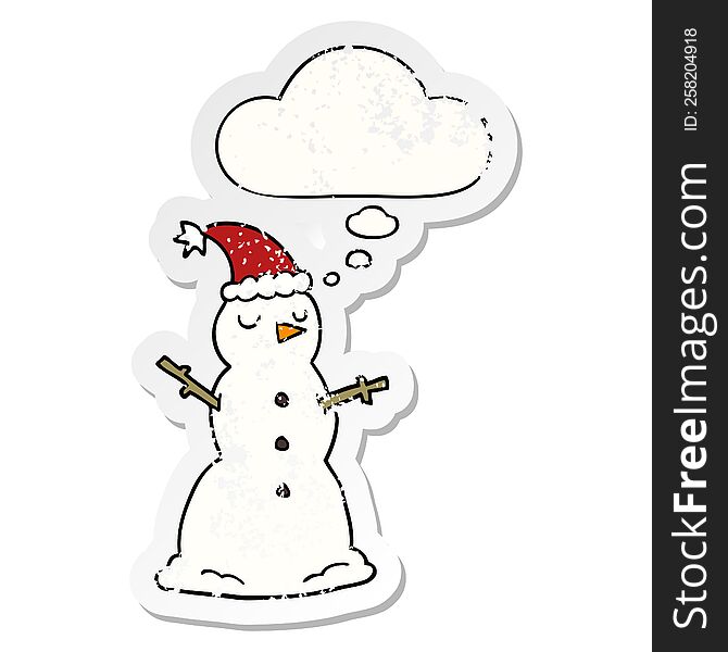 cartoon snowman with thought bubble as a distressed worn sticker