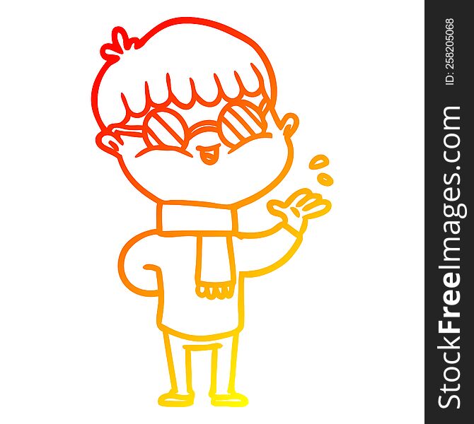 warm gradient line drawing of a cartoon boy wearing spectacles