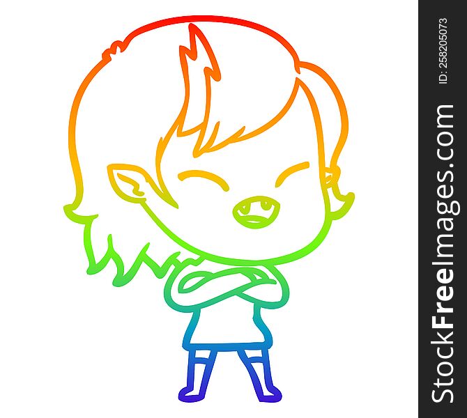 rainbow gradient line drawing of a cartoon laughing vampire girl with crossed arms