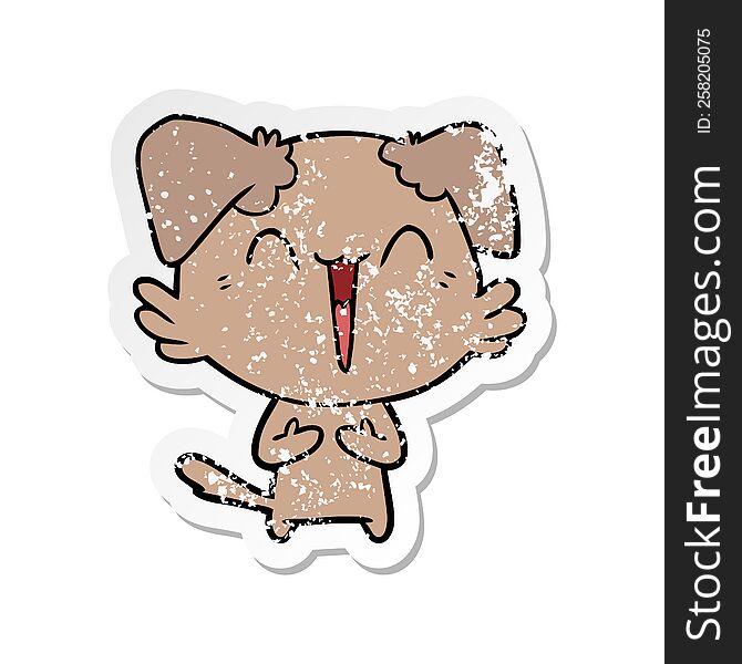 distressed sticker of a happy little cartoon dog laughing