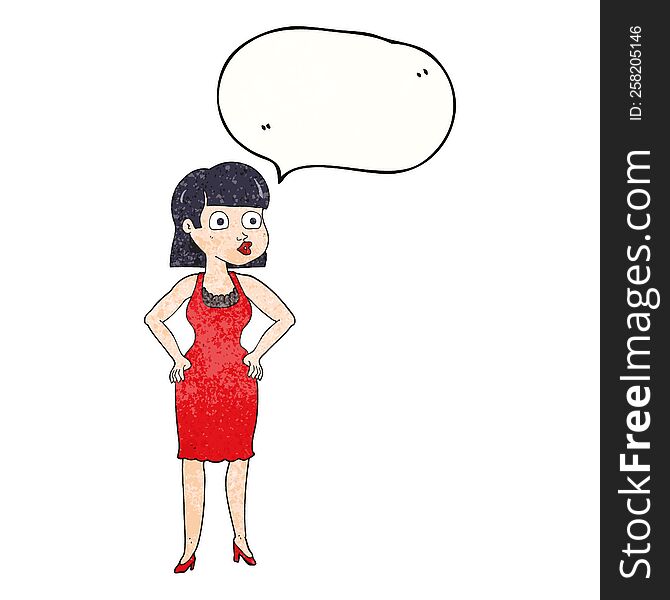 Speech Bubble Textured Cartoon Woman In Dress With Hands On Hips